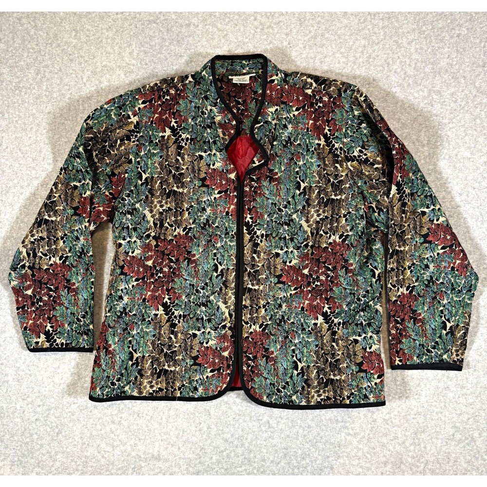 VTG Tapestry Jacket Open Front Floral Leaf Colorful Boho Cardigan Blazer 2X Plus
